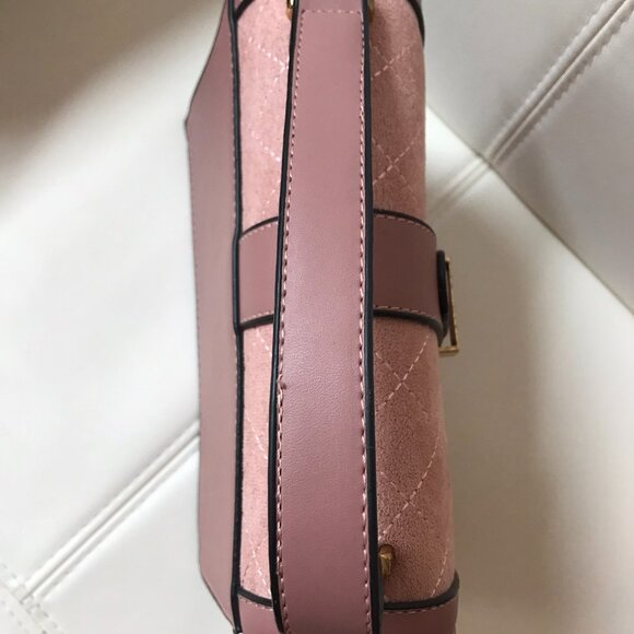 Pink Faux Suede and Faux Leather Crossbody Bag Purse Satchel with Top Handle - Picture 3 of 9